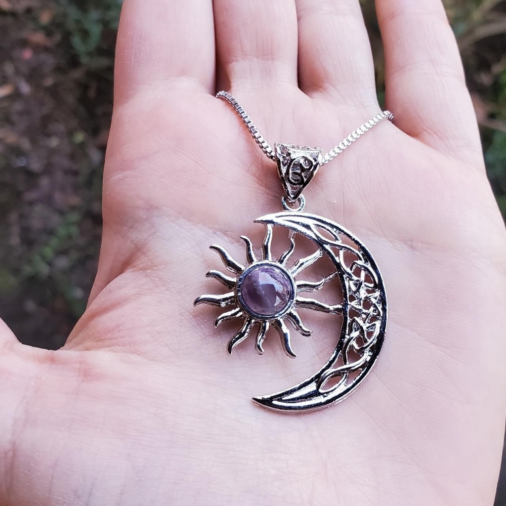 New Silver Amethyst-like / Sun Eclipse Moon Celtic Necklace - Picture 3 of 4